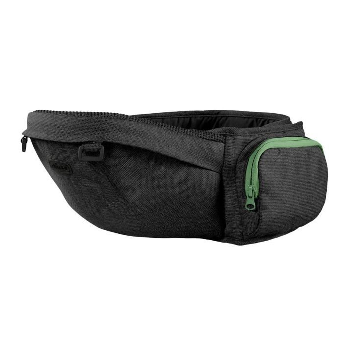 Eine schwarze Bauchtasche mit einem grünen Reißverschlussfach.