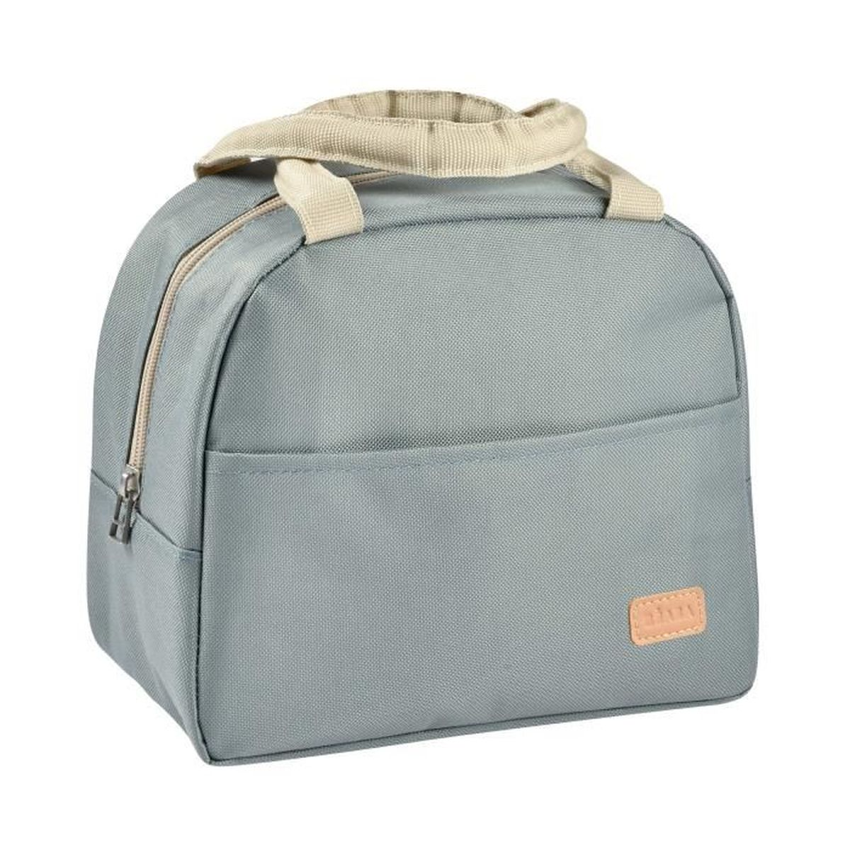 Graue Lunchtasche mit Reißverschluss und Henkeln, vorne eine Tasche.