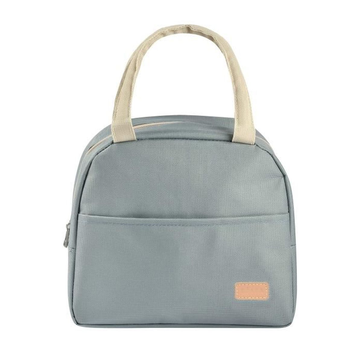 Eine graue isolierte Lunchtasche mit beigen Griffen und Fronttasche.