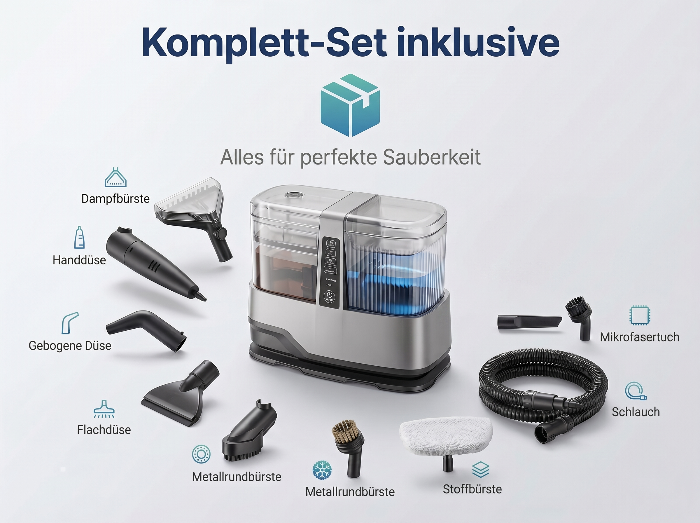 Dampfreiniger-Set mit Zubehör: Hauptgerät, Schläuche, Bürsten, Düsen und Tuch.