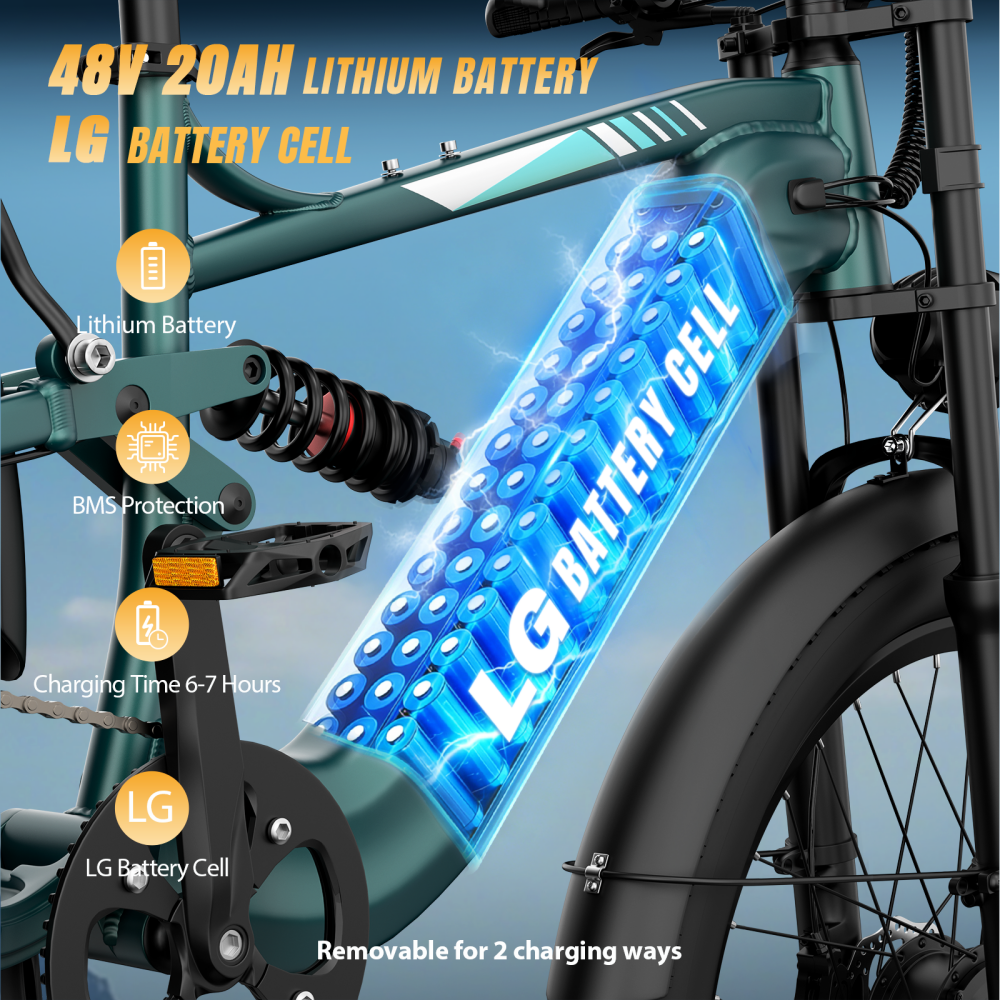 Rower elektryczny ze szczegółowym widokiem baterii litowej LG 48V 20AH.