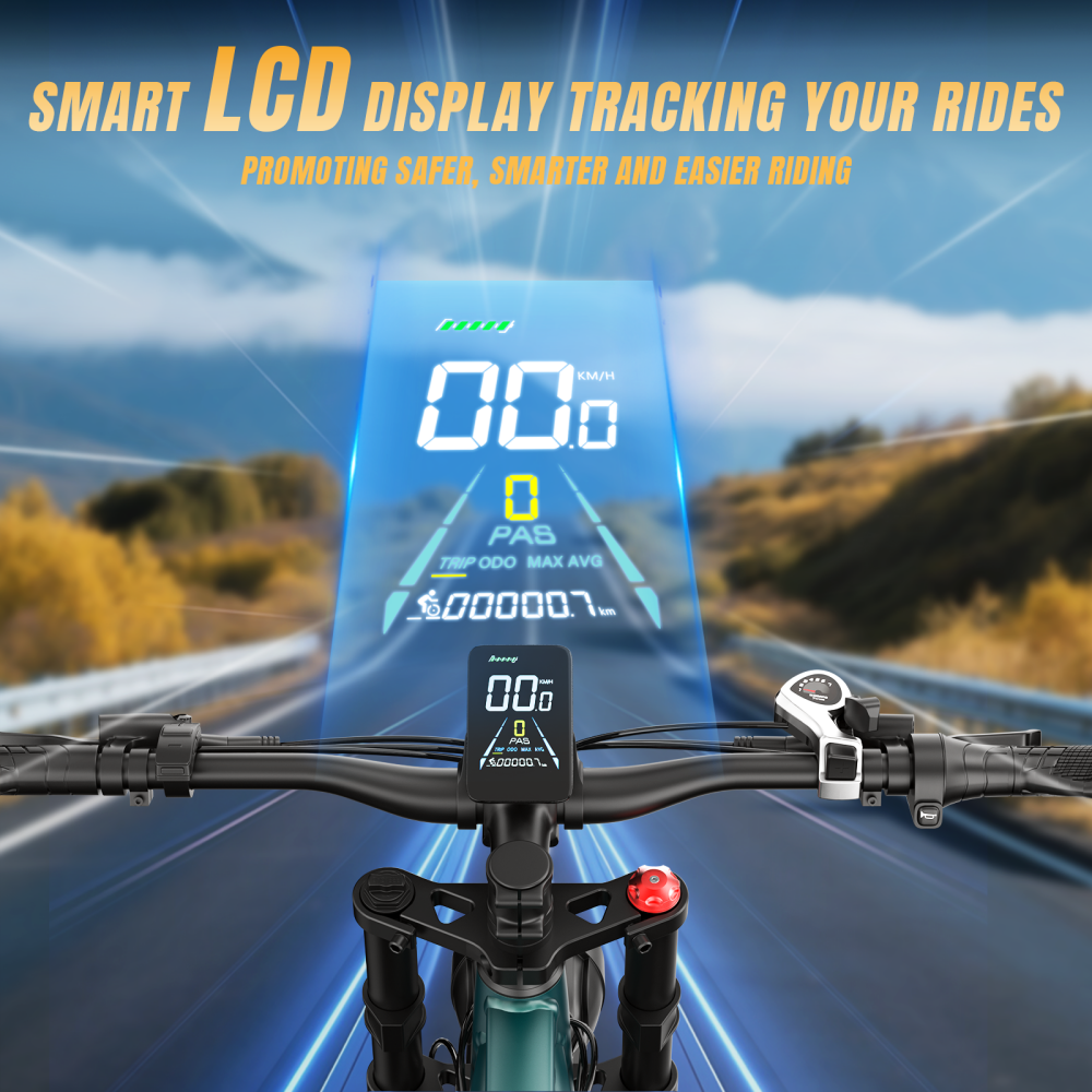 Kierownica roweru z cyfrowym wyświetlaczem pokazującym prędkość 00.0 km/h.