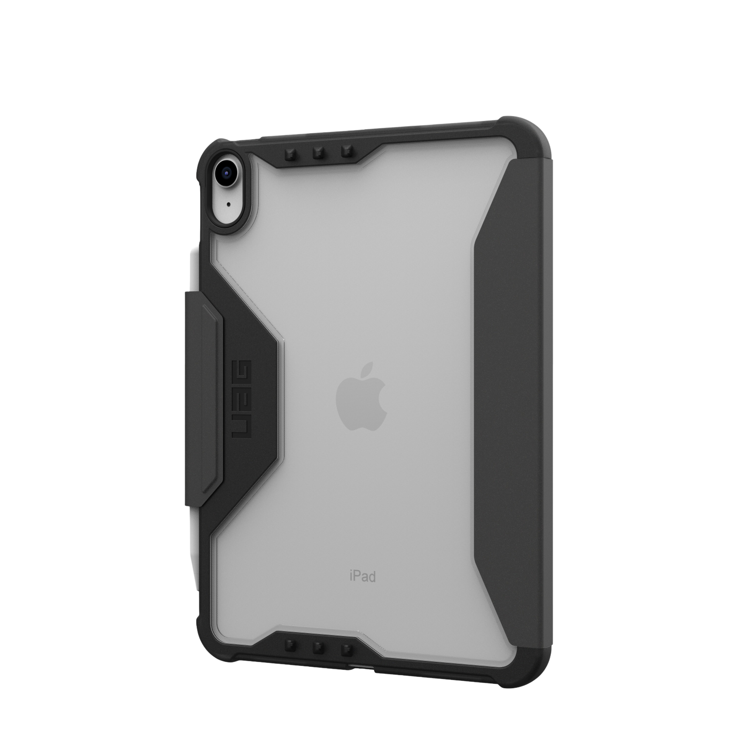 Przezroczysty iPad z czarnym etui ochronnym zakrywającym tył i boki.