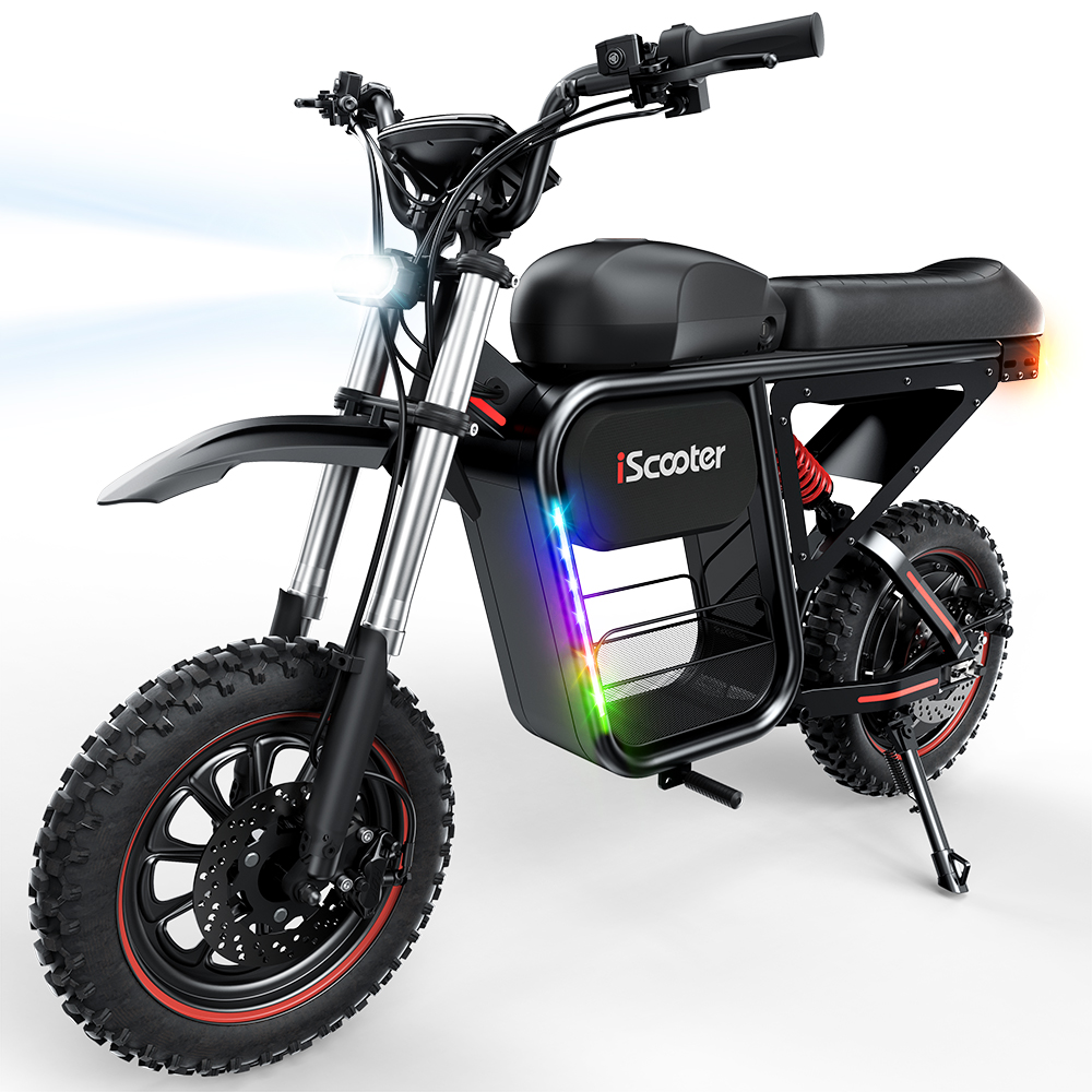 Uno scooter elettrico nero con pneumatici da fuoristrada, luci LED e cavalletto.