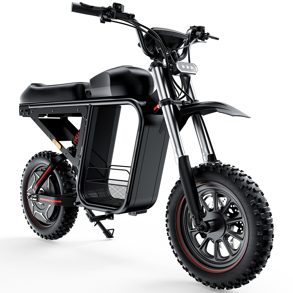 Bici elettrica nera con pneumatici larghi, sospensioni e faro.
