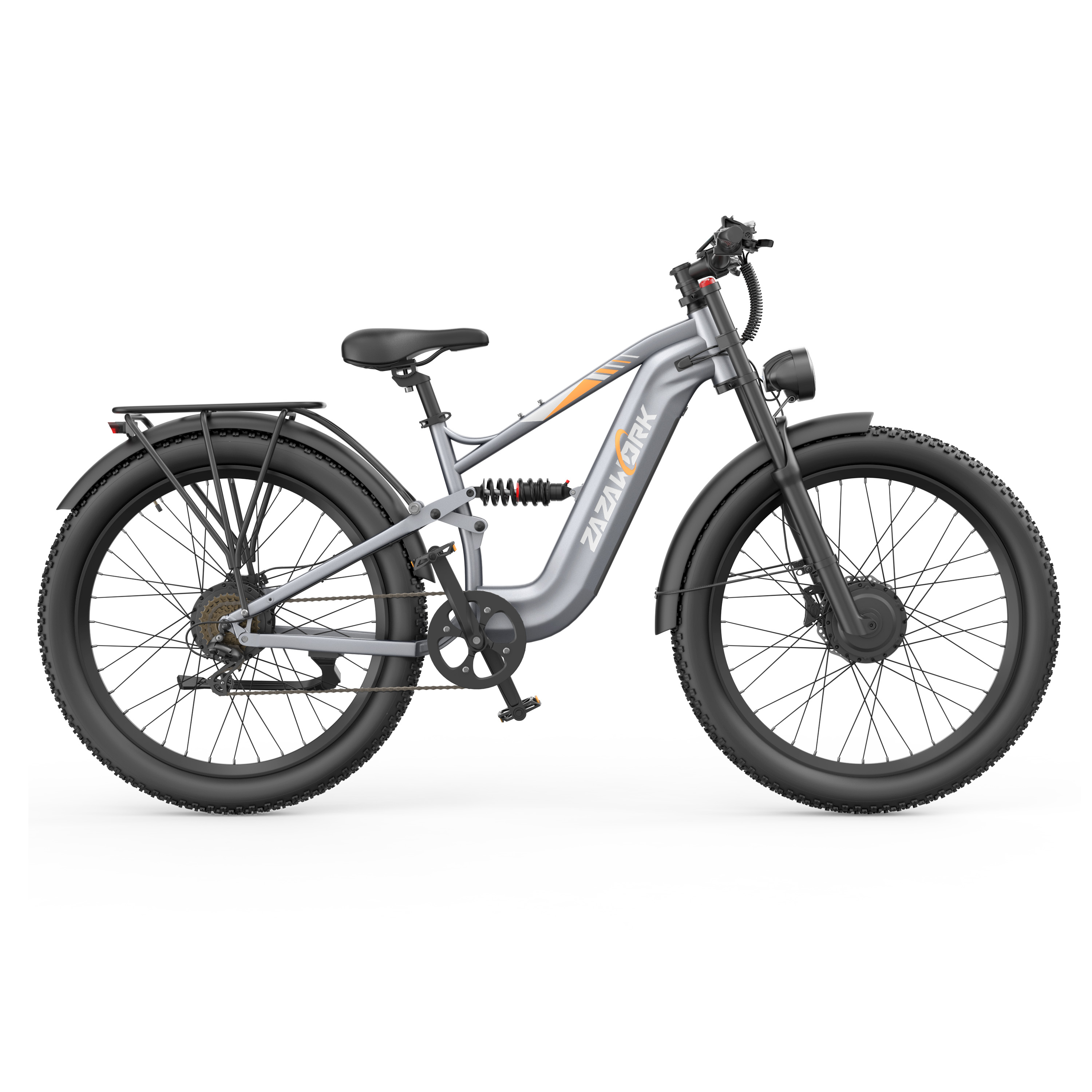 Szary rower elektryczny typu fatbike z pełnym zawieszeniem i bagażnikiem.