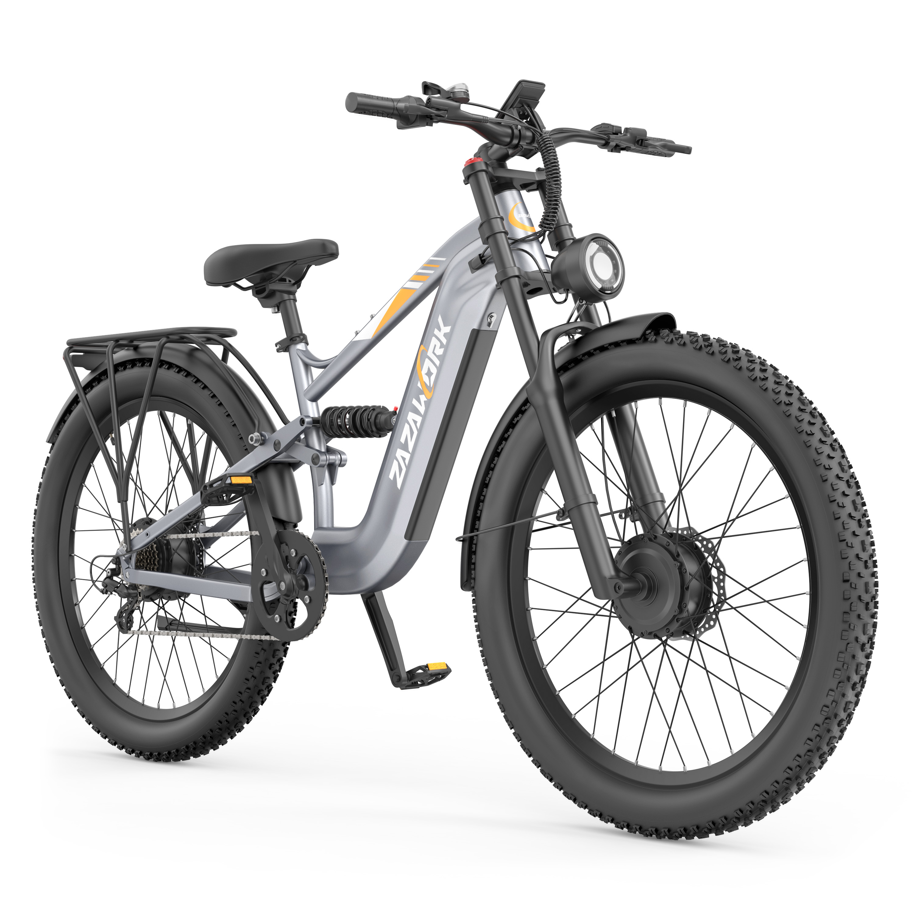 Szary rower elektryczny typu fatbike z amortyzacją na białym tle.