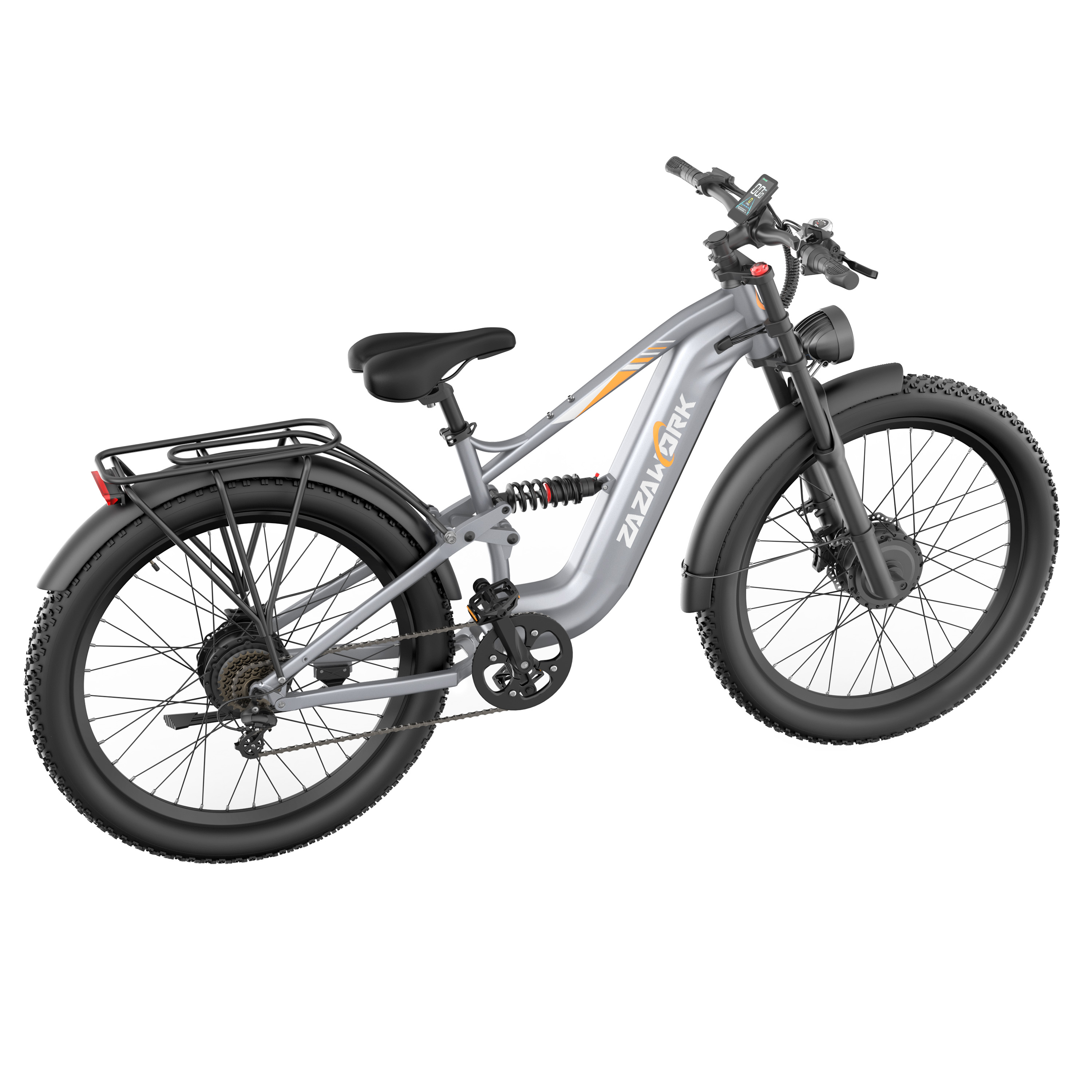 Szary rower elektryczny typu fatbike z amortyzacją i bagażnikiem.