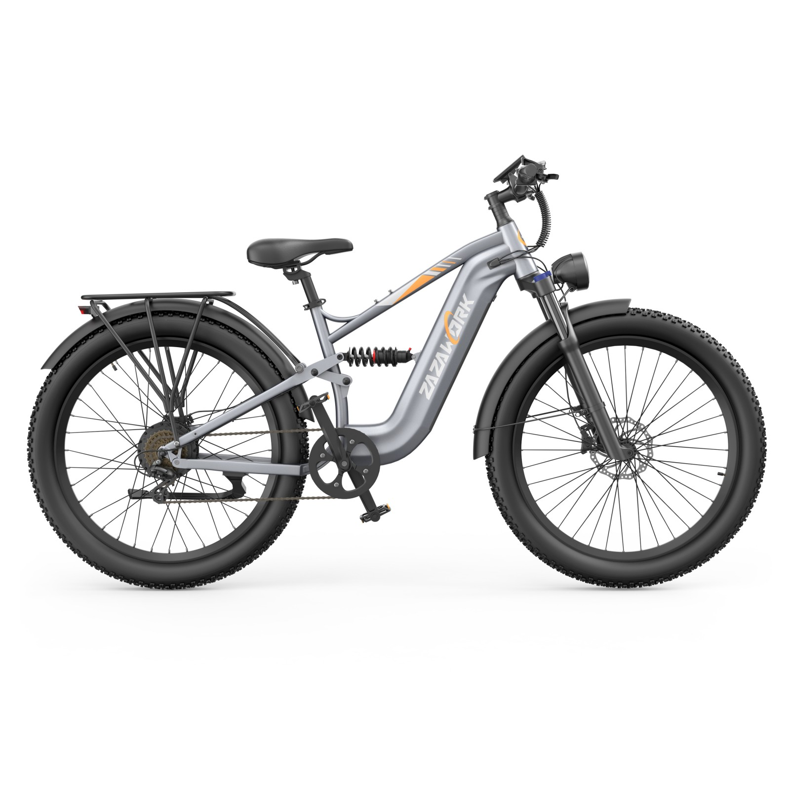 Szary rower elektryczny typu fat bike z amortyzacją przód/tył, bagażnikiem i szerokimi oponami.
