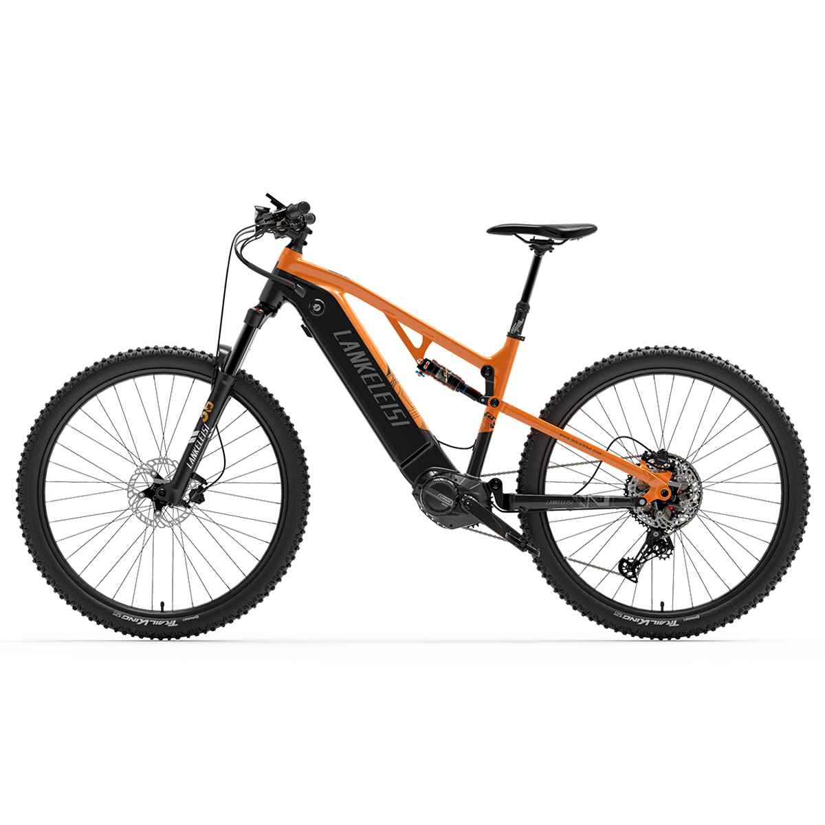 Pomarańczowo-czarny rower elektryczny typu full-suspension z grubymi oponami.