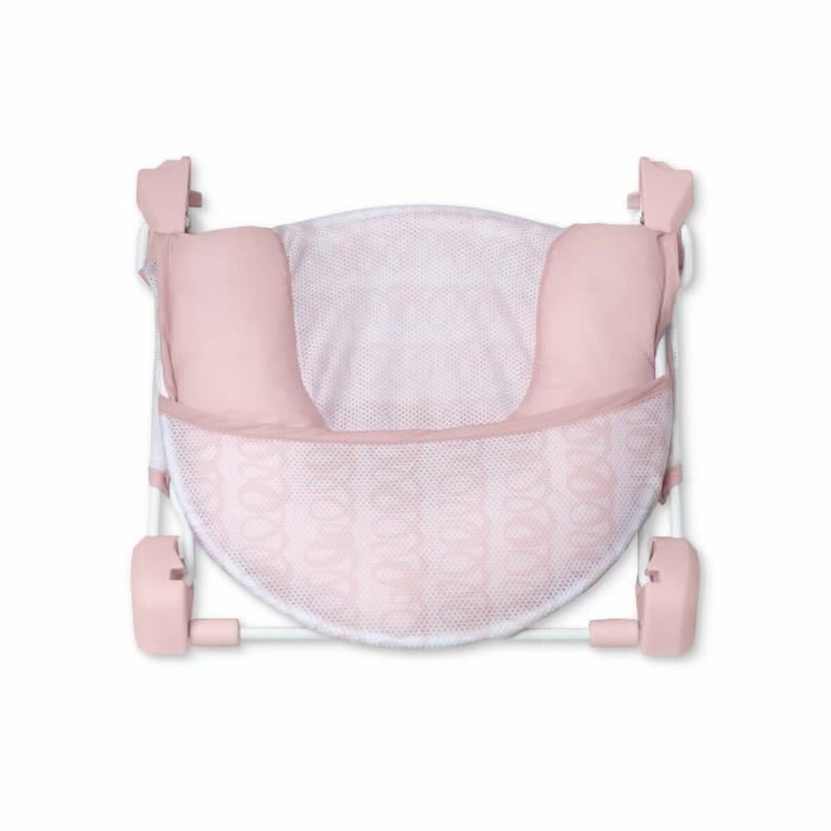 Ein rosafarbener Babysitz mit Netzgewebe und Mustern auf weißem Hintergrund.