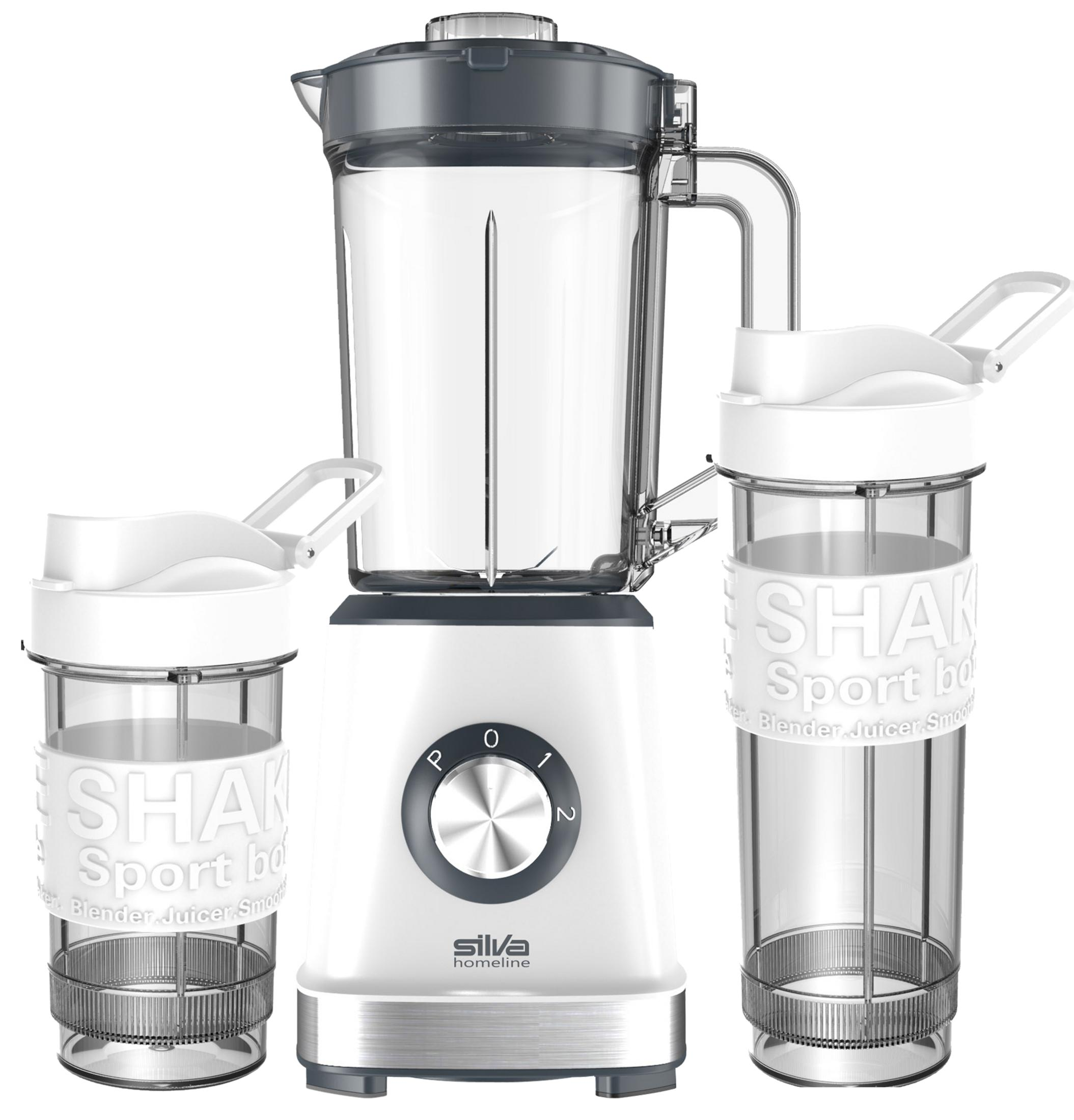 Ein weißer Mixer mit Glaskrug und zwei Trinkflaschen, auf weißem Hintergrund.