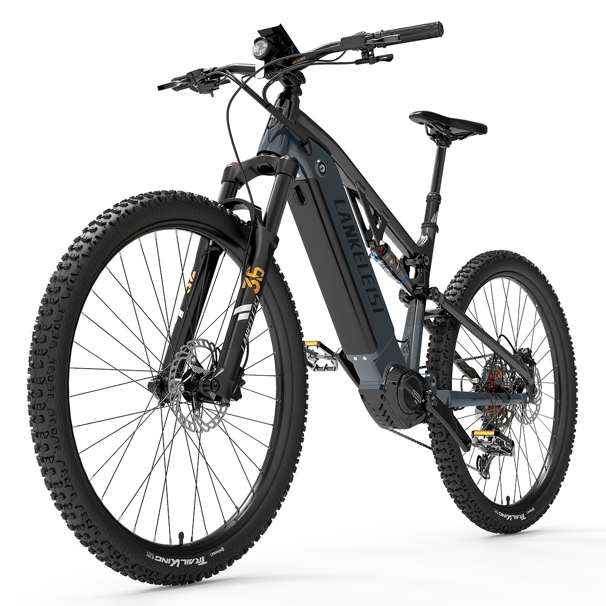 Mroczny rower elektryczny full-suspension z szerokimi oponami i amortyzatorami.