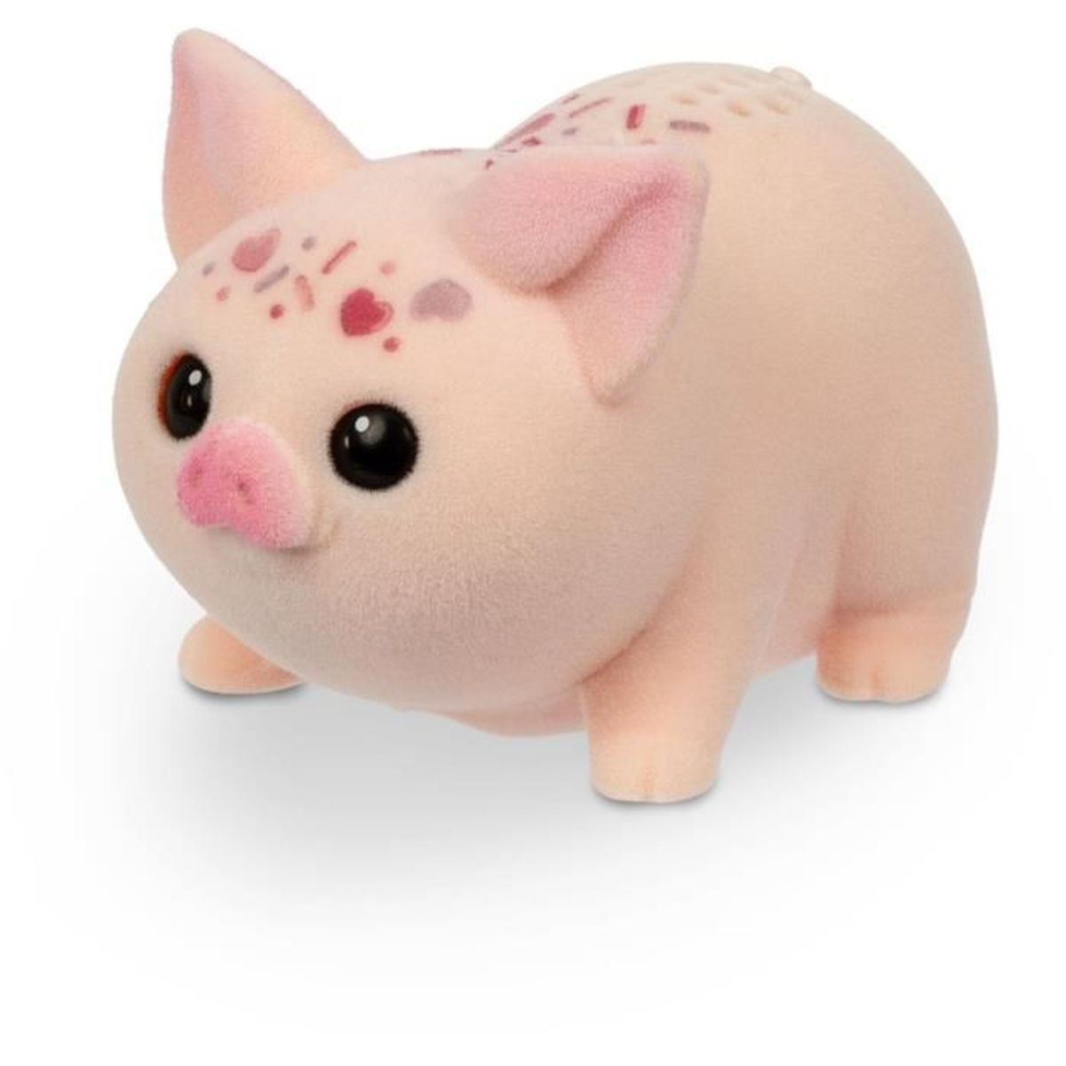 Ein rosa Plüschschwein mit dunklen Augen und rosa Flecken.