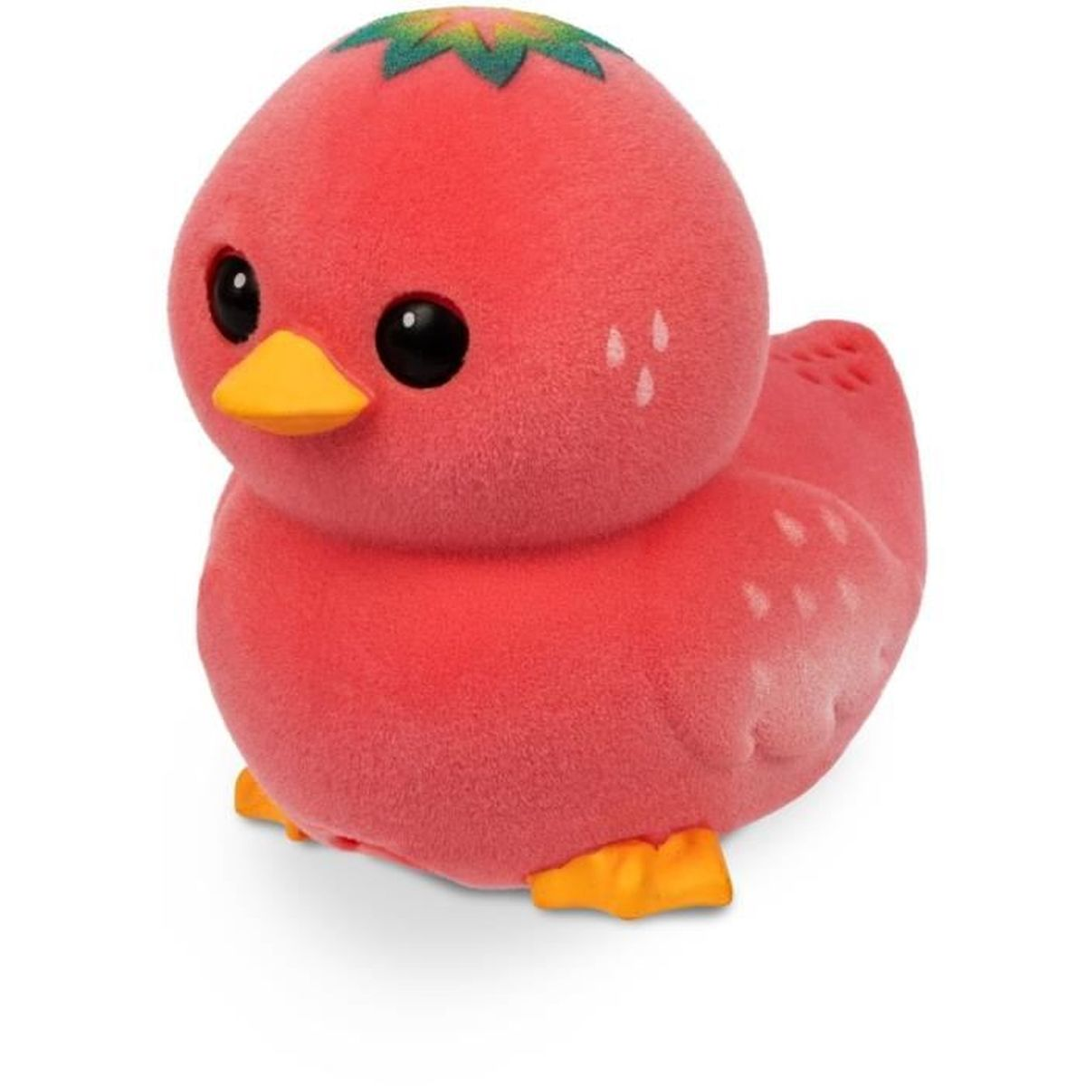 Ein flauschiges, rot gefärbtes Spielzeugküken mit gelbem Schnabel und Augen.