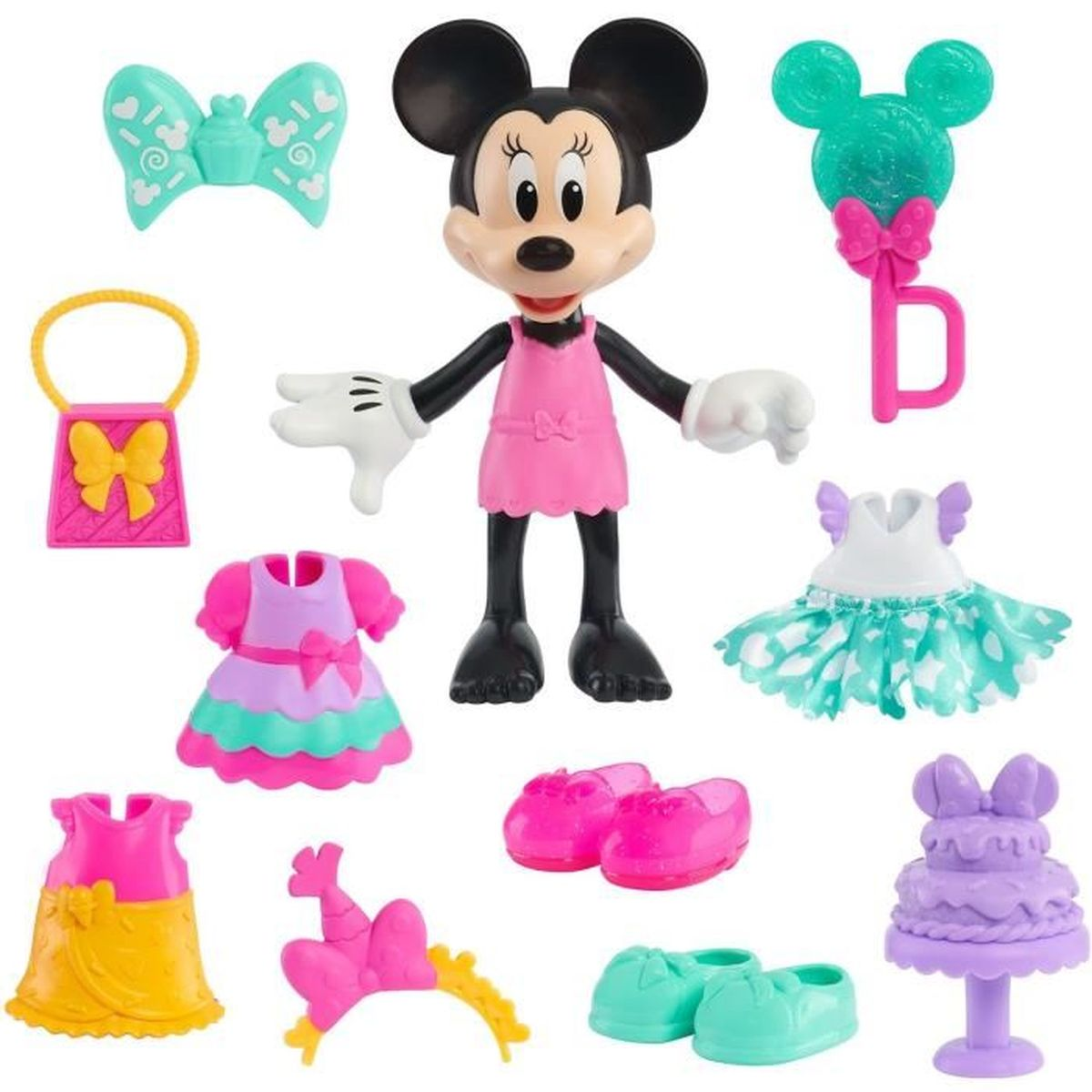 Minnie Maus Figur mit Kleidern, Schuhen und Accessoires in verschiedenen Farben.