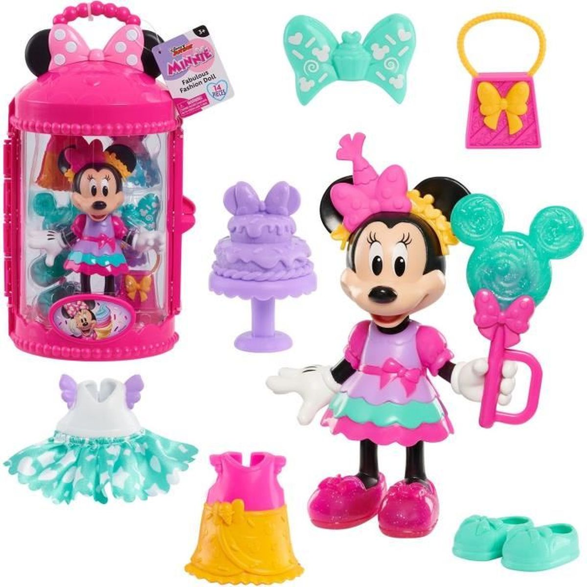 Minnie Maus und Zubehör: Puppe, Kleider, Schuhe, Kuchen, Tasche, Schleife.