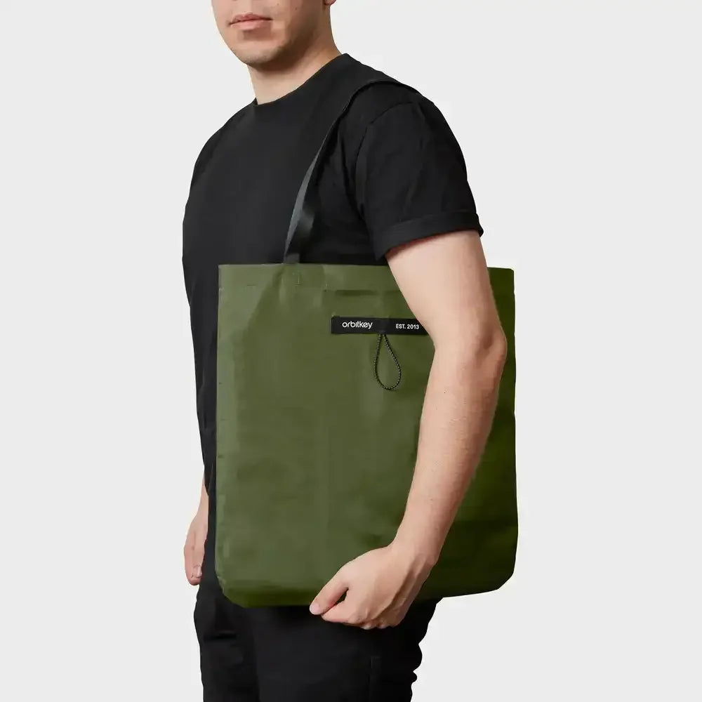 Osoba w czerni nosi oliwkowozieloną torbę z etykietą „orbitkey EST. 2013”.
