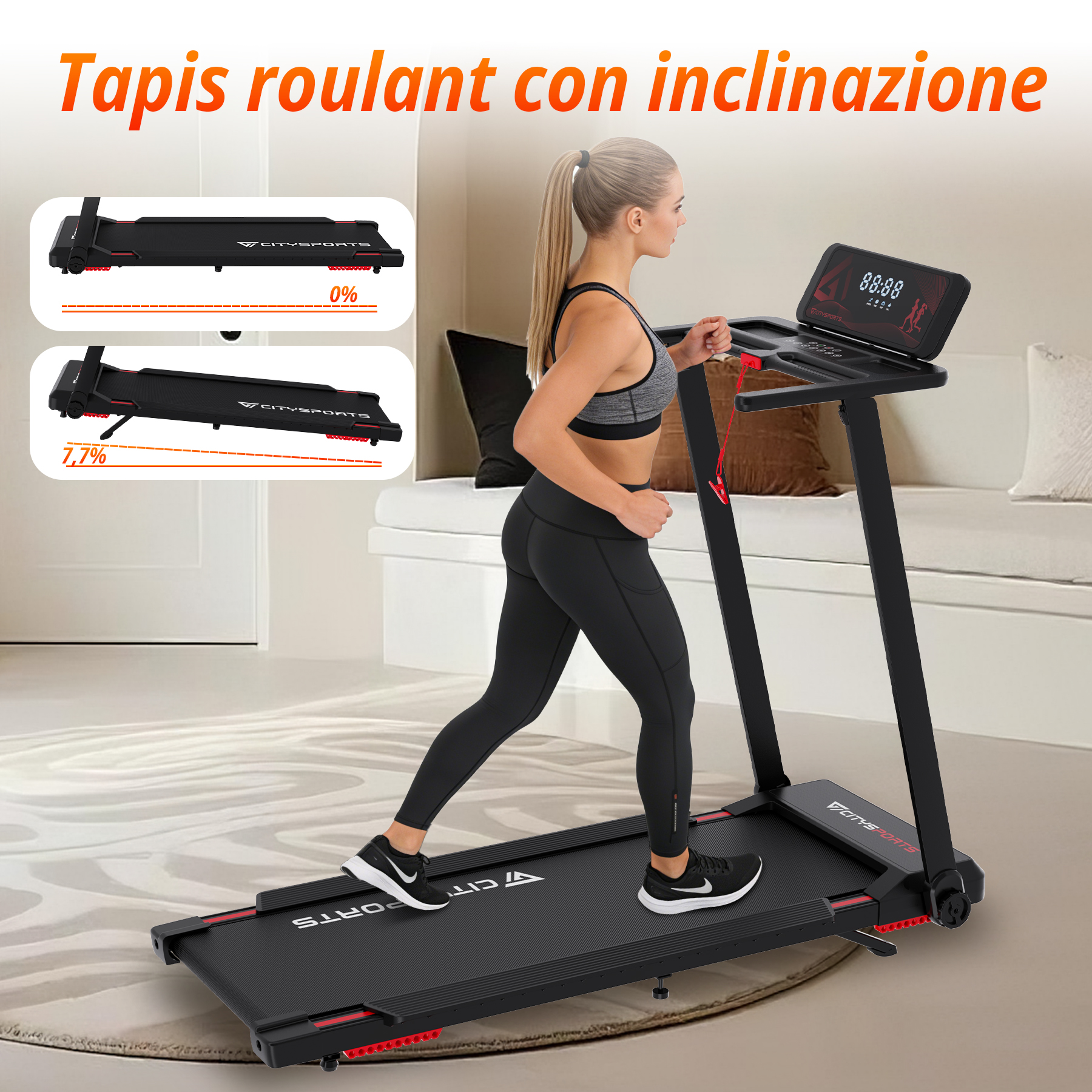 Una donna corre su un tapis roulant che mostra i livelli di pendenza.