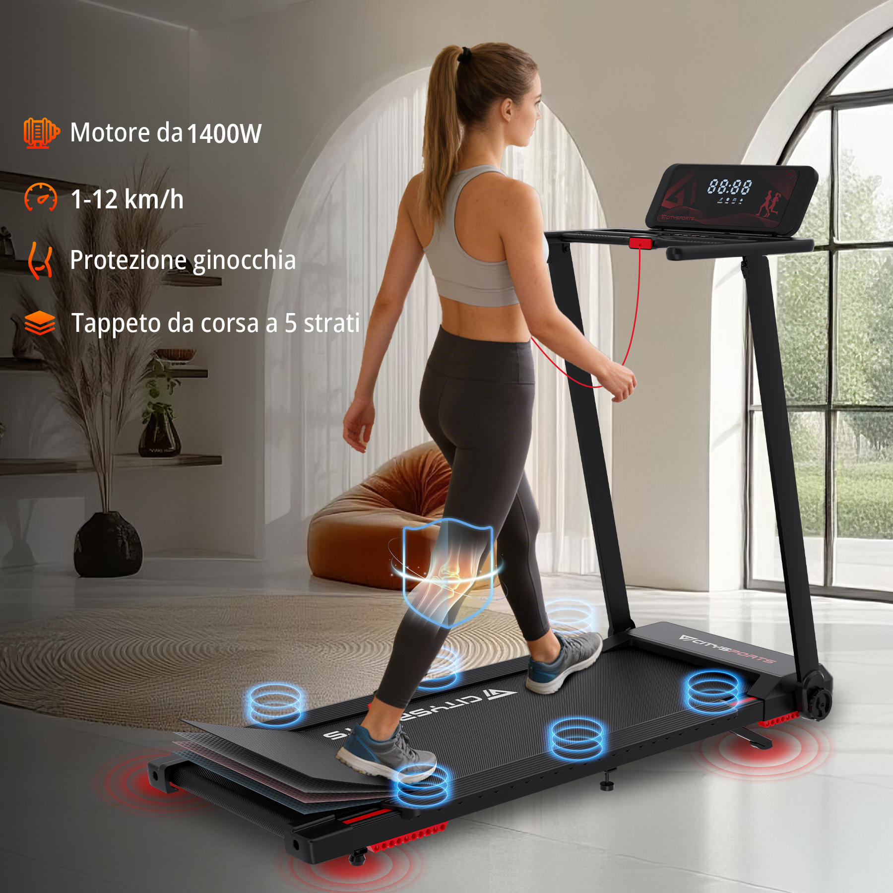 Una donna si allena su un tapis roulant con display ed elementi ammortizzanti.