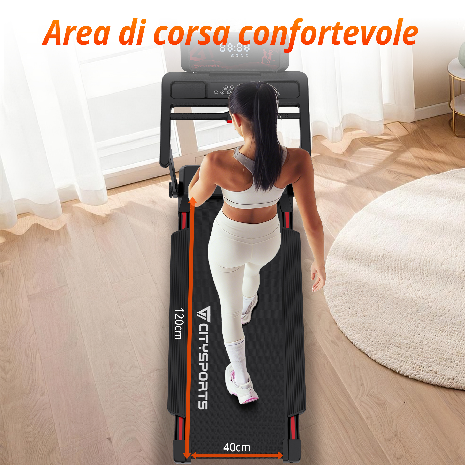 Una donna corre su un tapis roulant di 120x40cm.