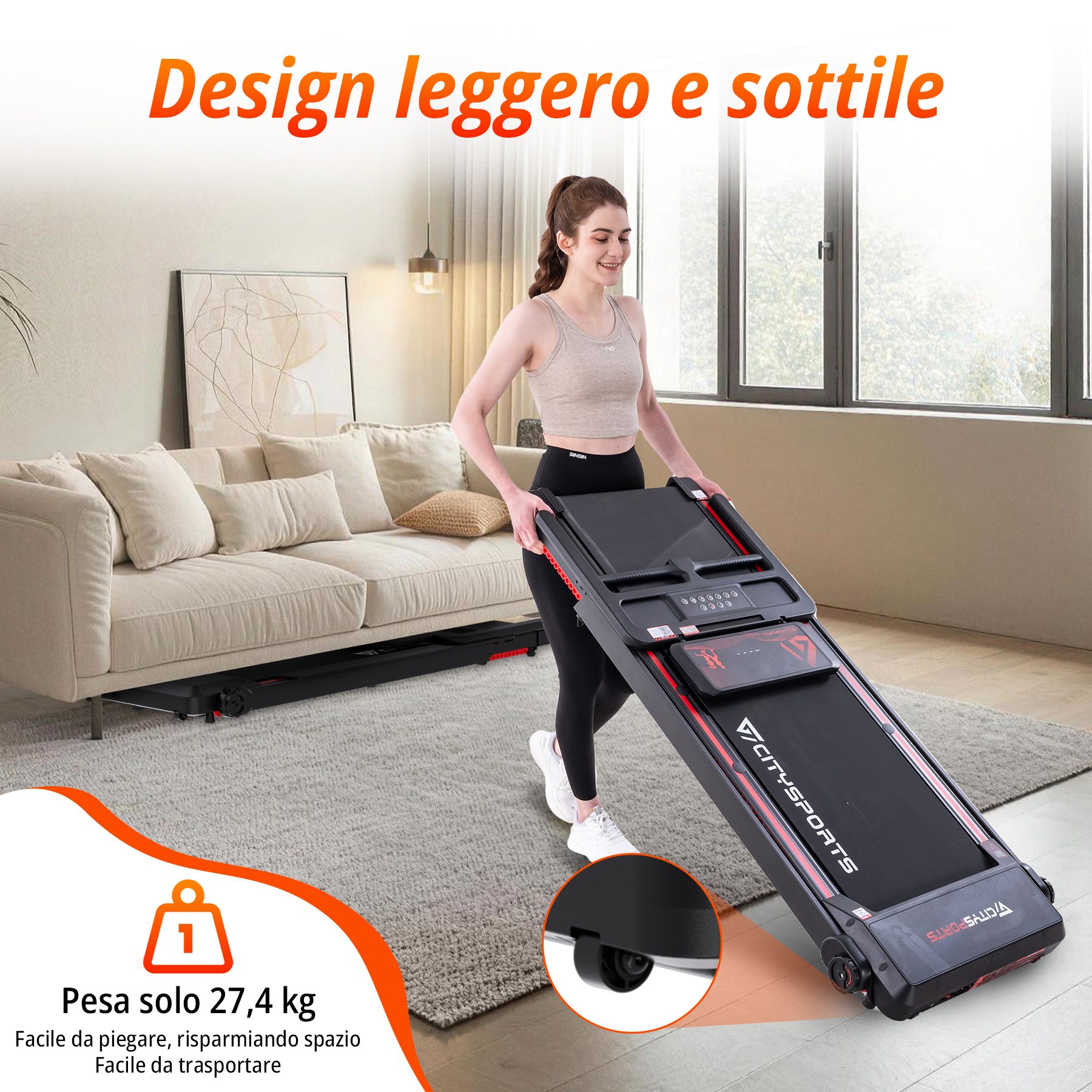 Una donna spinge un tapis roulant nero e sottile in un soggiorno.