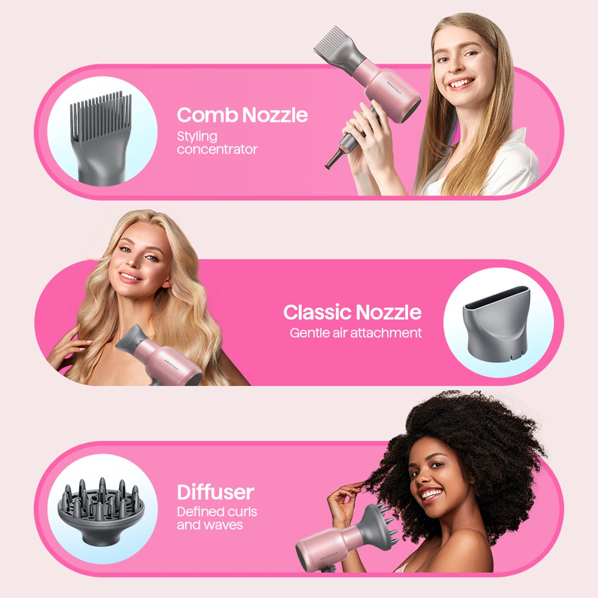 Drie föhnopzetstukken: kam, klassiek en diffuser, met vrouwen.