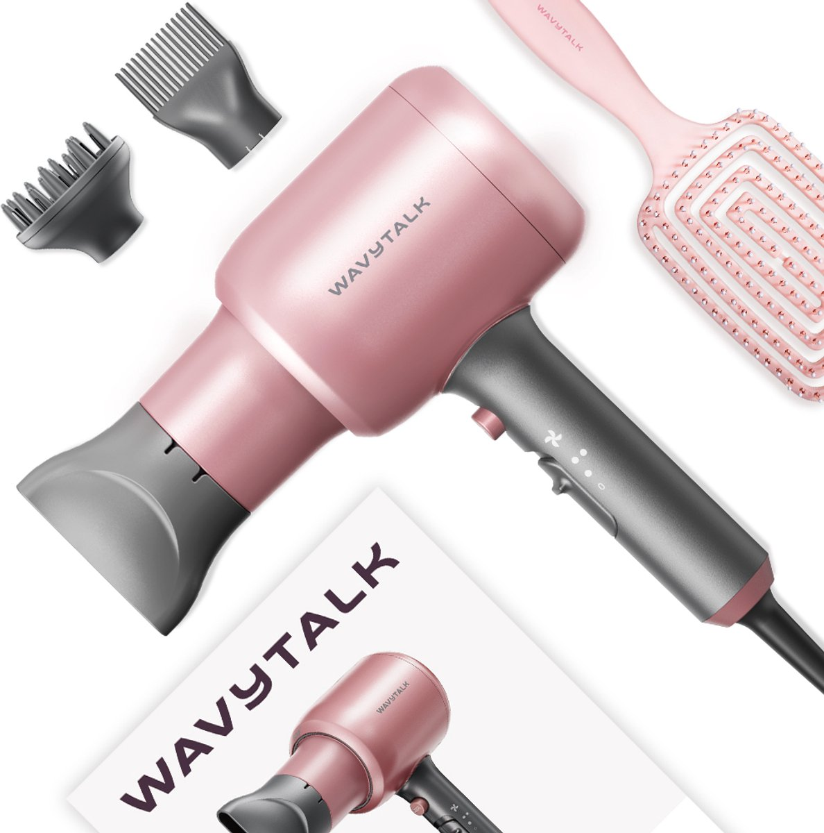 A pink hairdryer with attachments and a pink hair brush comb.