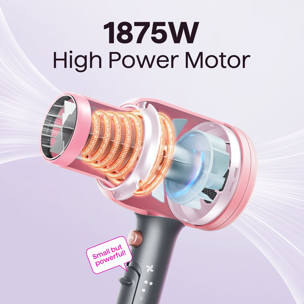 Roze haardroger doorsnede toont 1875W motor, verwarmingsspiraal en ventilator. Tekst: Klein maar krachtig!