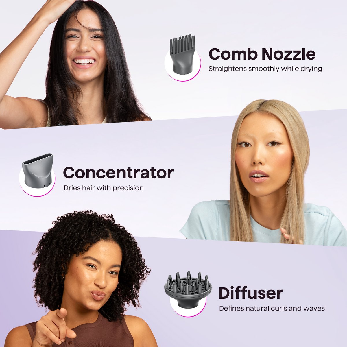 Drie vrouwen met verschillende kapsels en föhnaccessoires getoond.