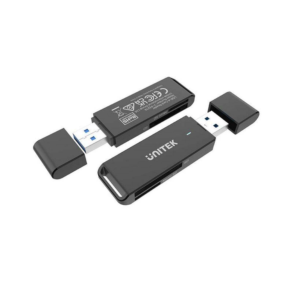 Due lettori di schede Unitek USB-A neri, uno con slot SD e Micro SD, entrambi con cappucci.