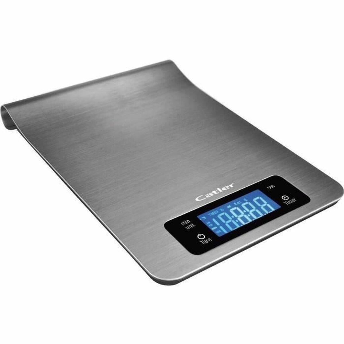 Un'elegante bilancia da cucina digitale argentata con schermo LCD blu che mostra l'ora.