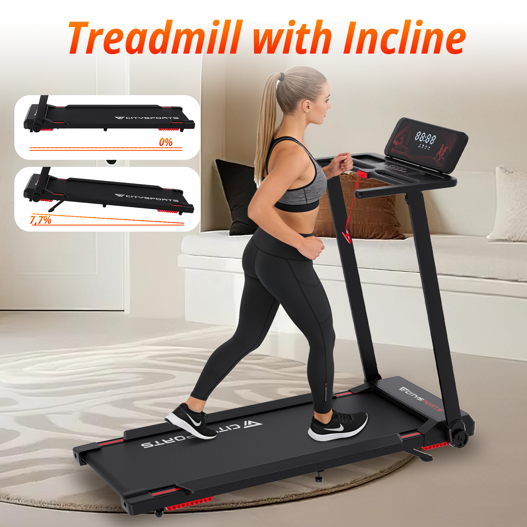 Woman running on black treadmill with display. Left shows 0% and 7.7% incline options.