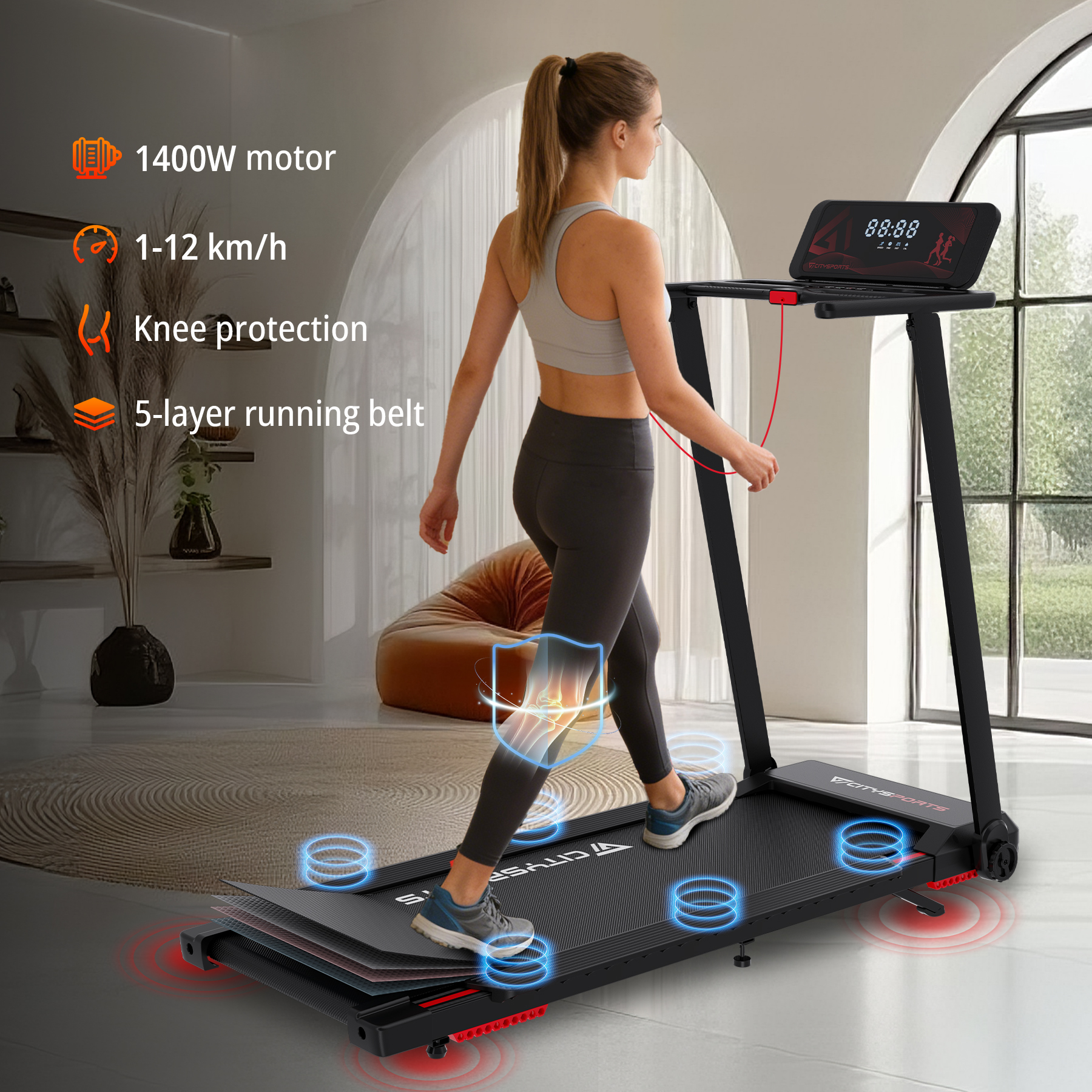 Woman on treadmill with 1400W motor, 1-12 km/h, knee protection, 5-layer belt.