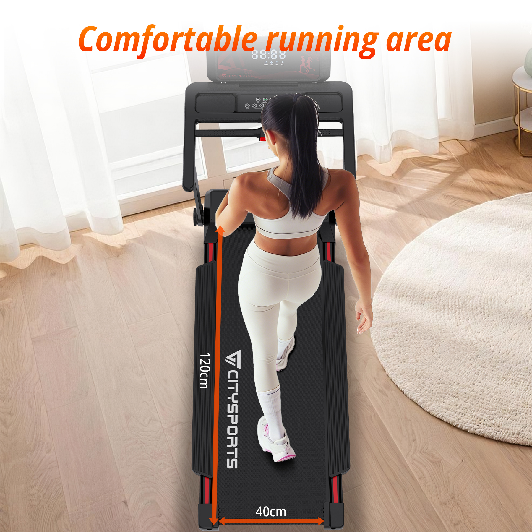 Woman running on a treadmill with dimensions 120cm and 40cm.