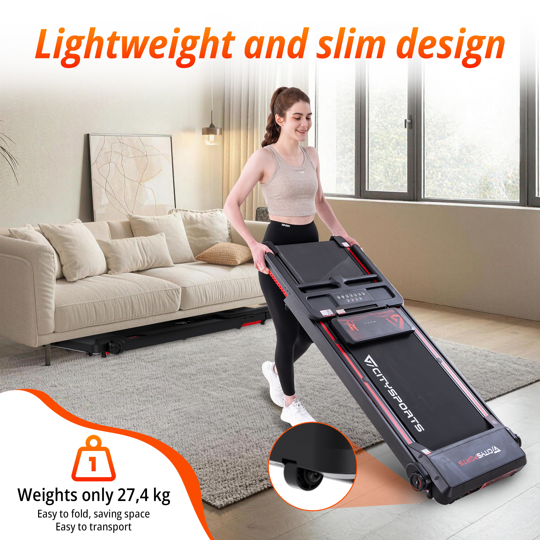 A woman pushes a black and red treadmill in a living room.