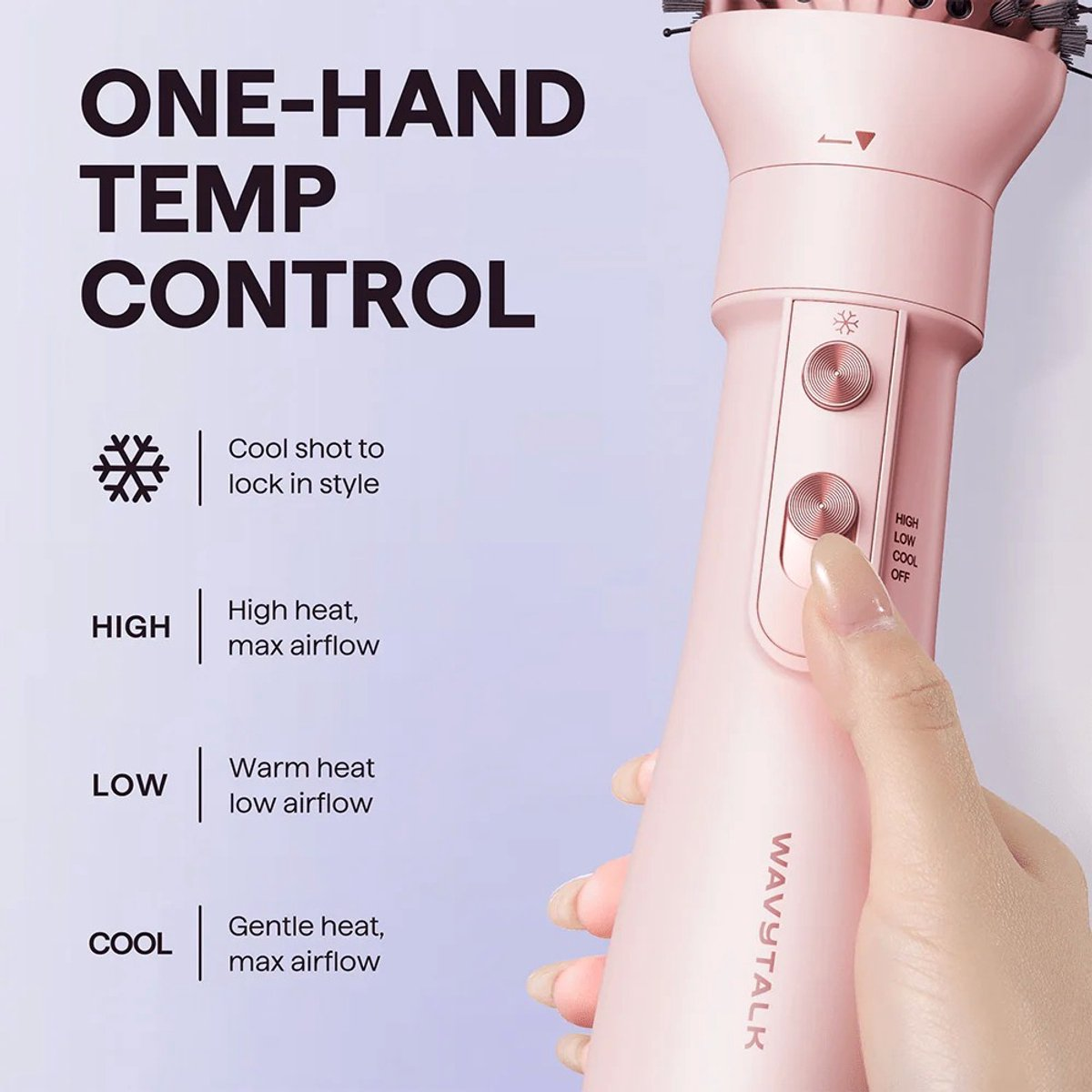 Contrôle de température à une main : Froid, Élevé, Bas, Arrêt. Sèche-cheveux rose.