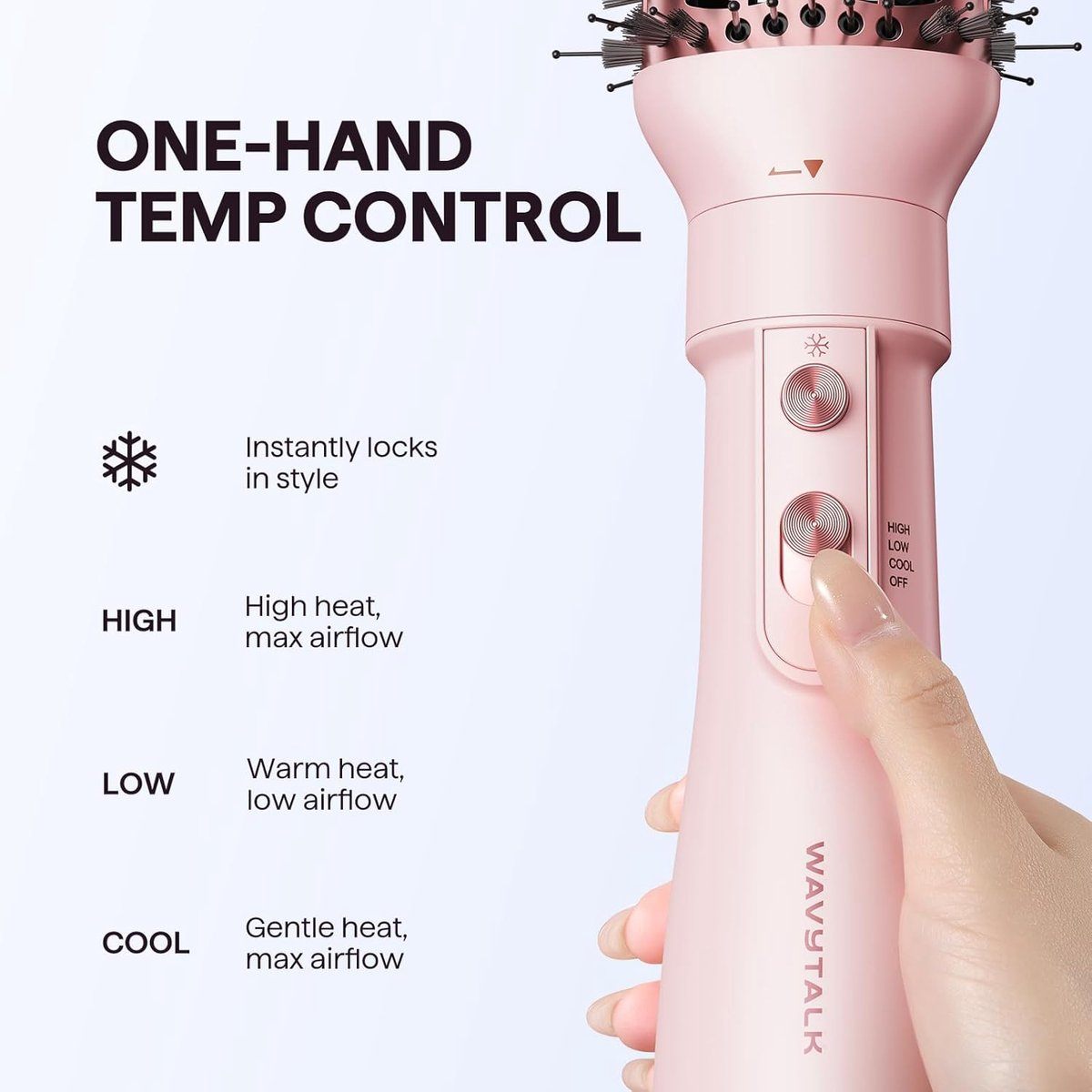 Un sèche-cheveux rose avec commandes pour le contrôle de température à une main : Haut, Bas, Froid, Arrêt.