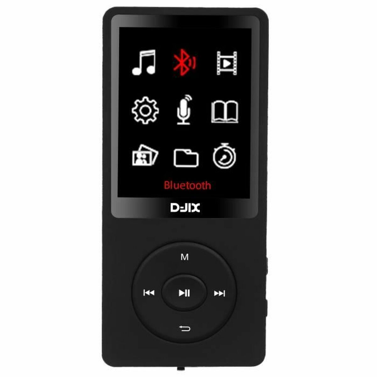 Schwarzer tragbarer MP3-Player mit Musik-, Video- und Spiele-Symbolen.