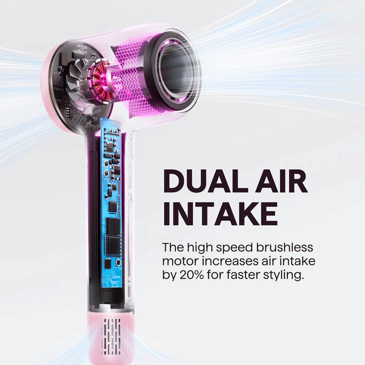 Een roze haardroger met interne motor en printplaatdetails.