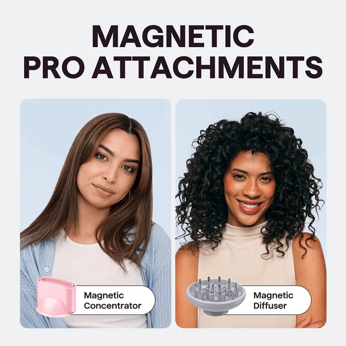 Twee vrouwen met haaraccessoires: een concentrator en een diffuser.