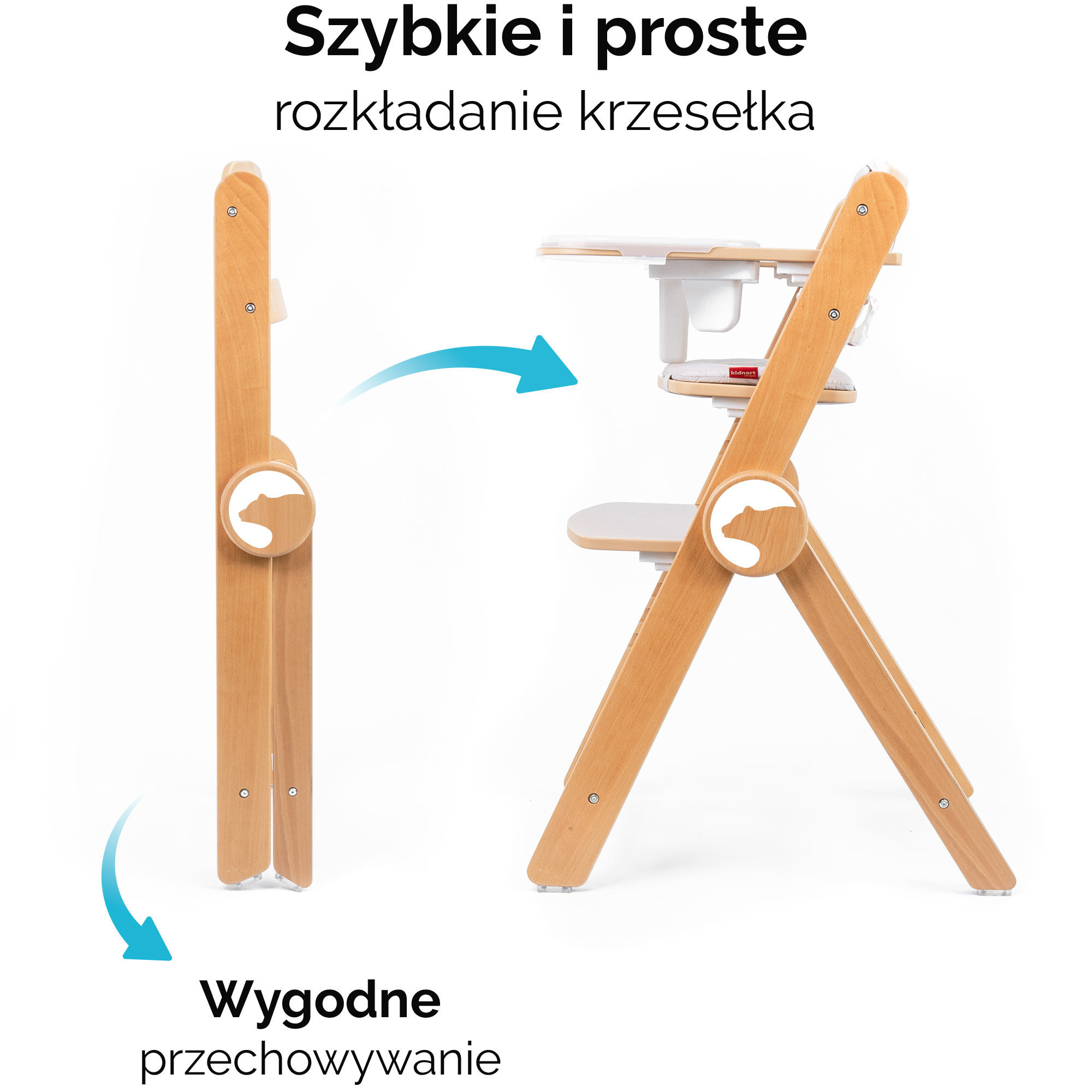 Drewniane krzesełko do karmienia w stanie złożonym i rozłożonym.