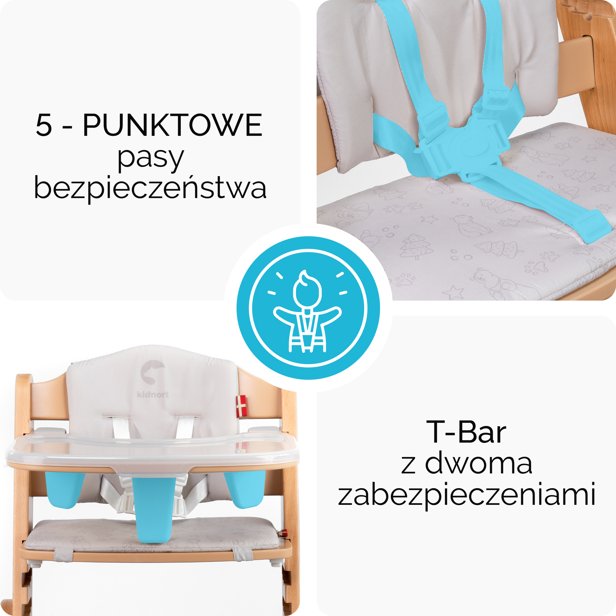 Krzesełko do karmienia z pasami 5-punktowymi i barierką T.