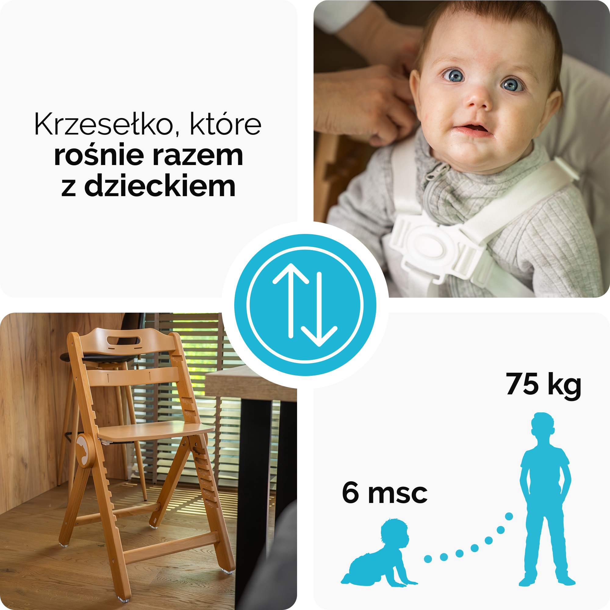 Niemowlę z niebieskimi oczami, drewniane krzesełko, ikona strzałki i sylwetki dzieci.