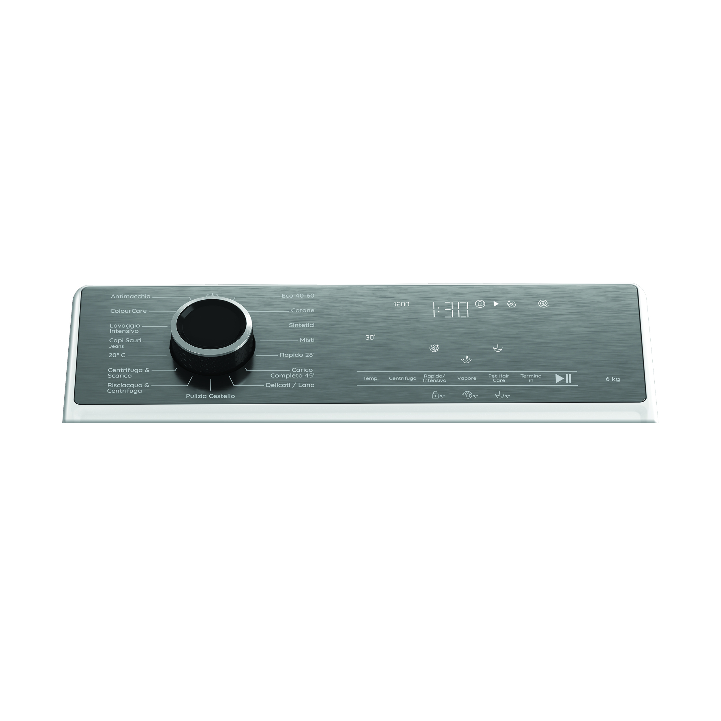 Pannello di controllo lavatrice con selezione programmi, tempo e icone.