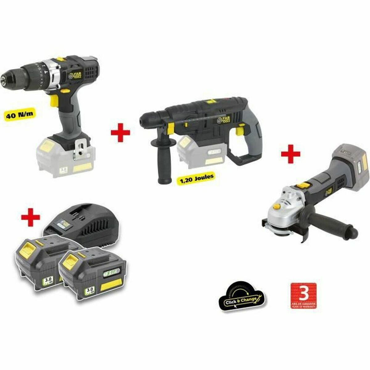 Drei Werkzeuge: Bohrer (40 N/m), Bohrhammer (1,20 Joule), Winkelschleifer.