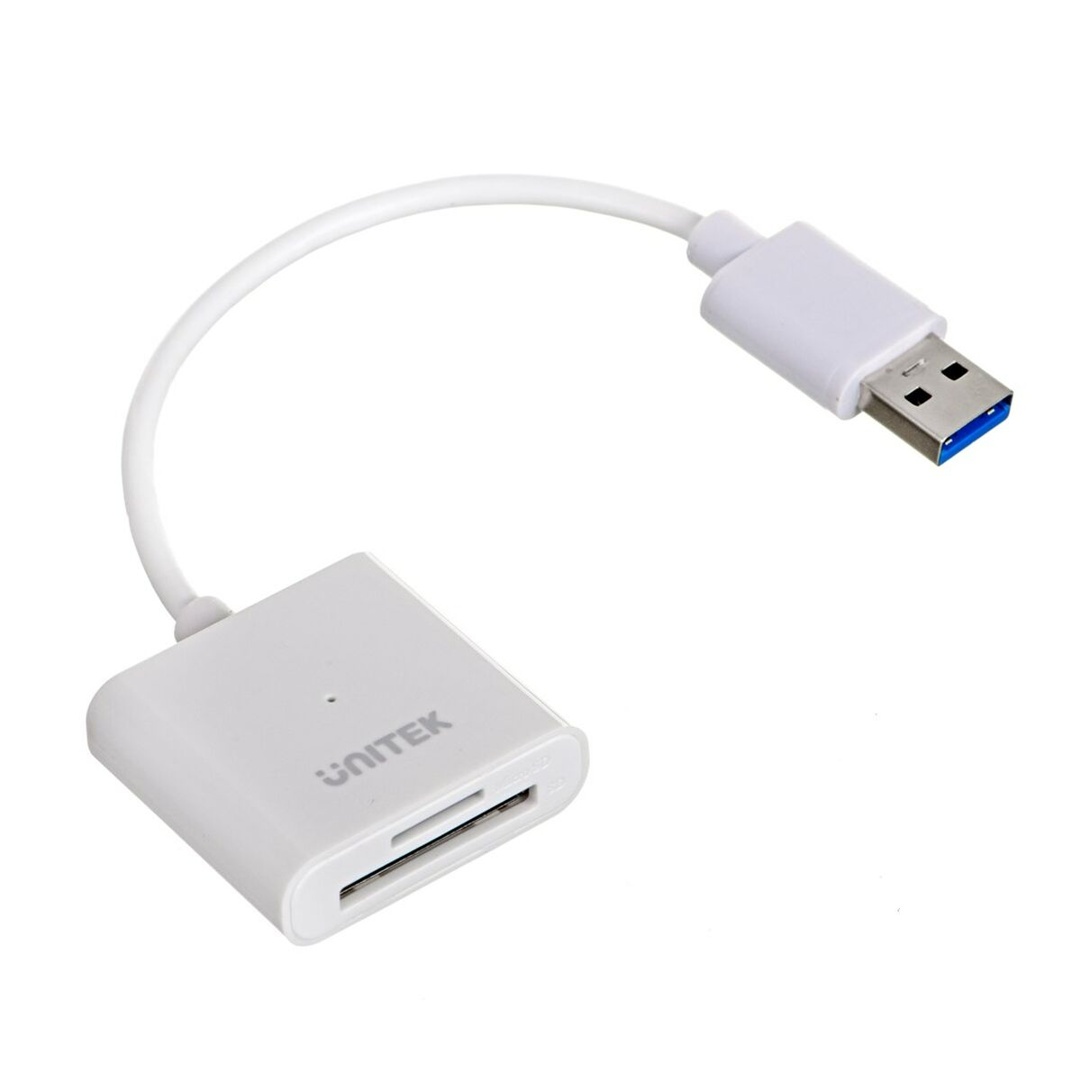 Ein weißer Kartenleser mit USB 3.0-Anschluss und SD/MicroSD-Steckplätzen.