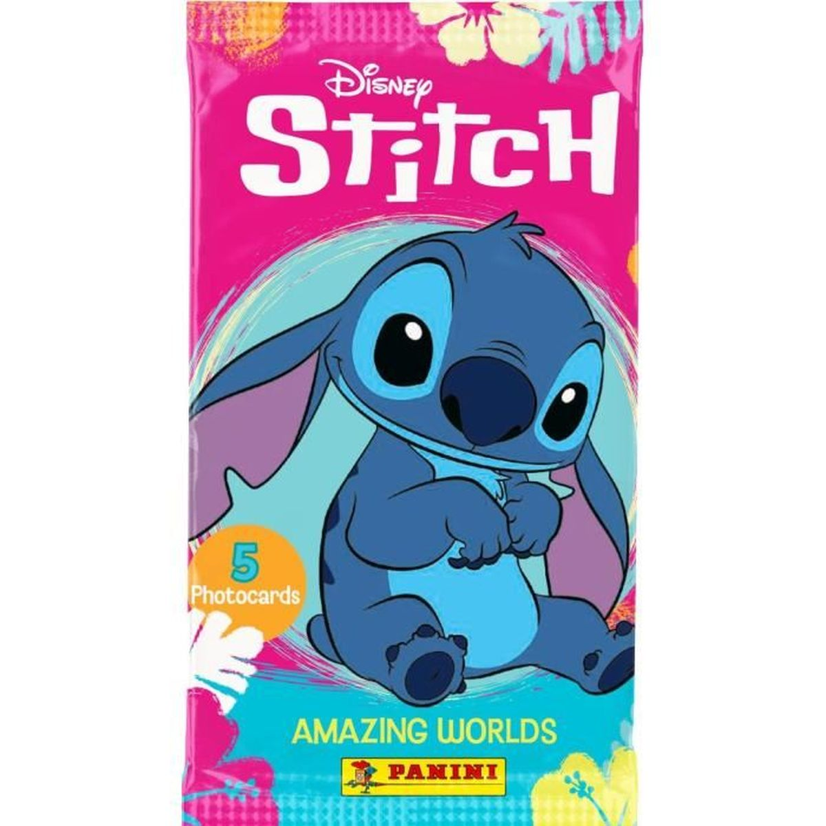 Ein Disney Stitch-Pack mit 5 Sammelkarten. Stitch sitzt im Vordergrund.
