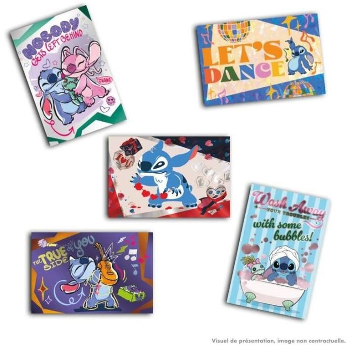 Fünf Lilo & Stitch-Bilder: Tanzen, Umarmen, Musik, Baden.