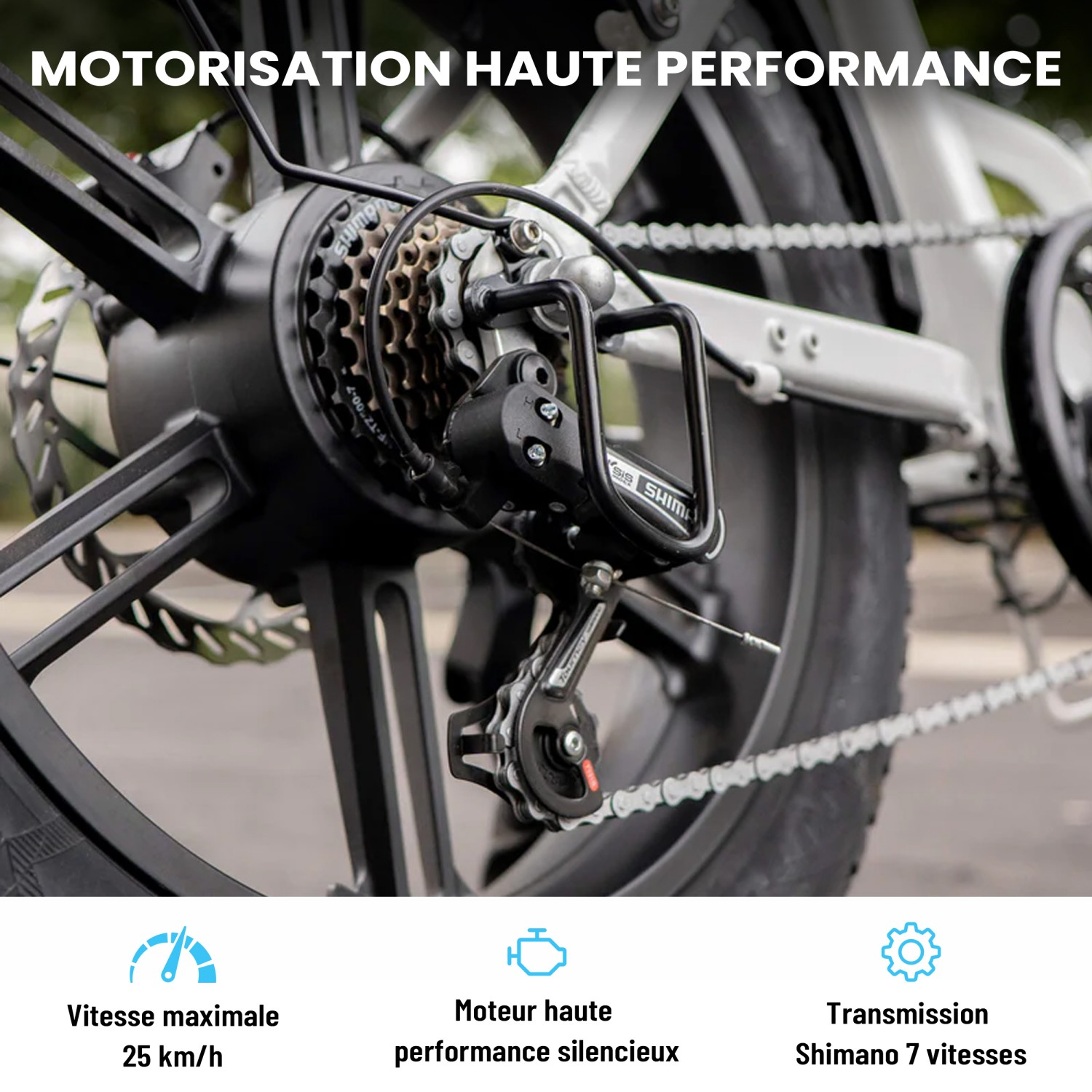 Zbliżenie napędu roweru, pokazujące łańcuch, zębatki i przerzutkę Shimano.